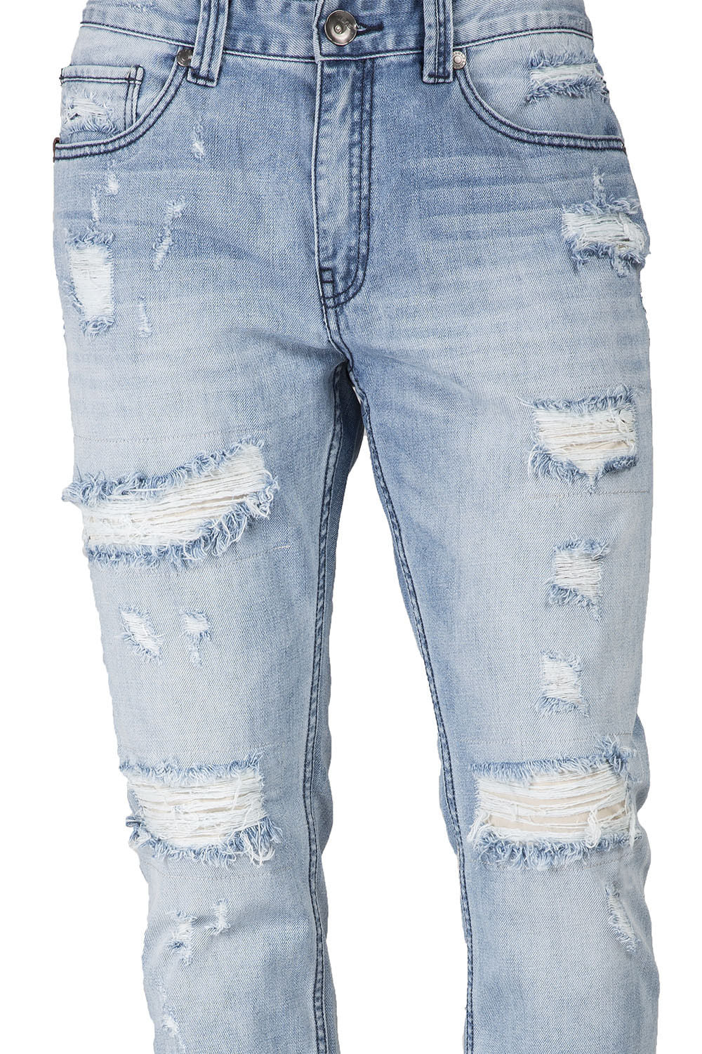 Distressed Powder Blue Slim Tapered Leg Premium Denim Jeans, signature 5 pocket with Ripped Repaired
