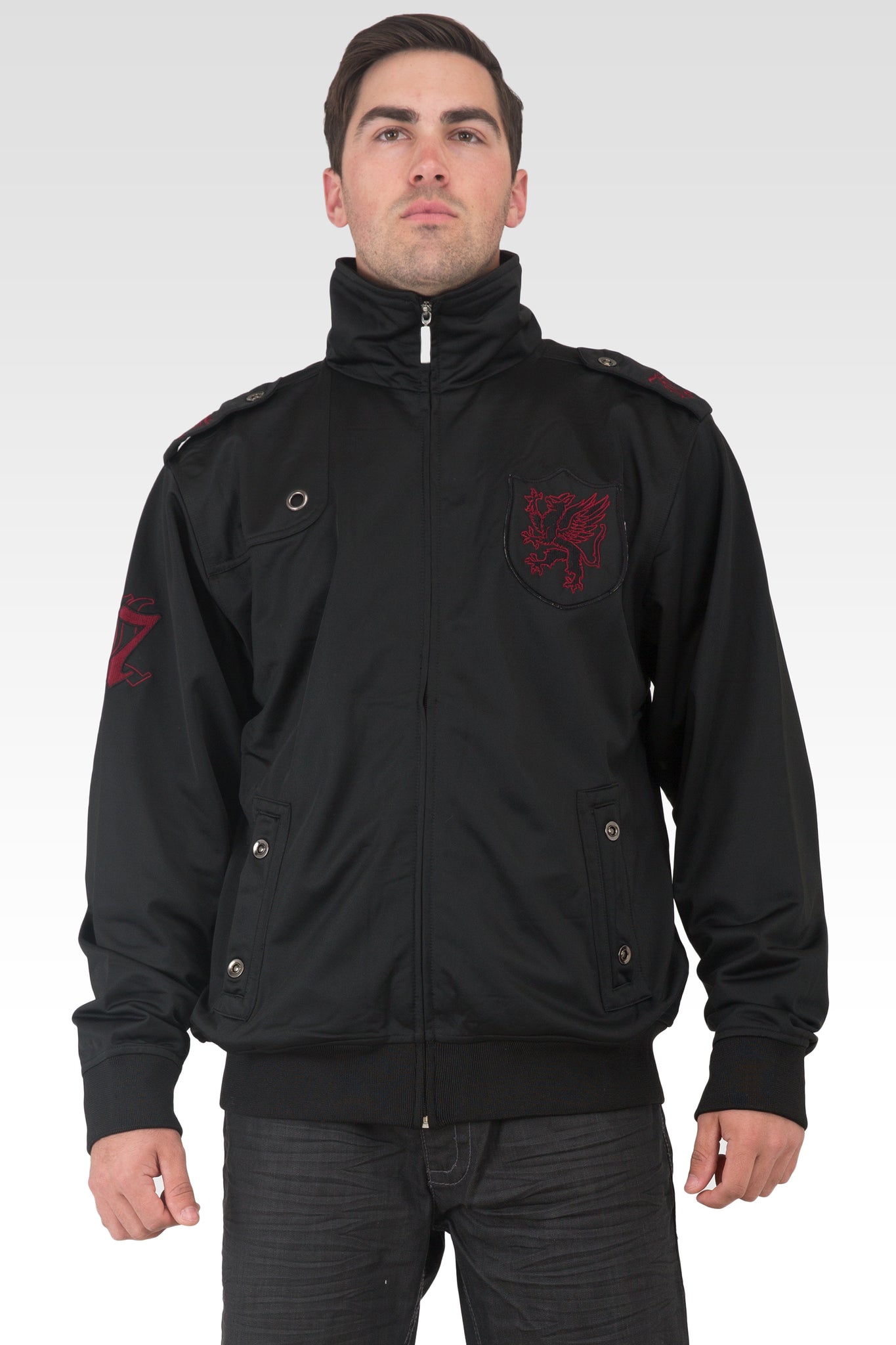 Men's Black Poly Performance Full Zip Track Jacket With Burgundy Embroidery Patches & Epaulets
