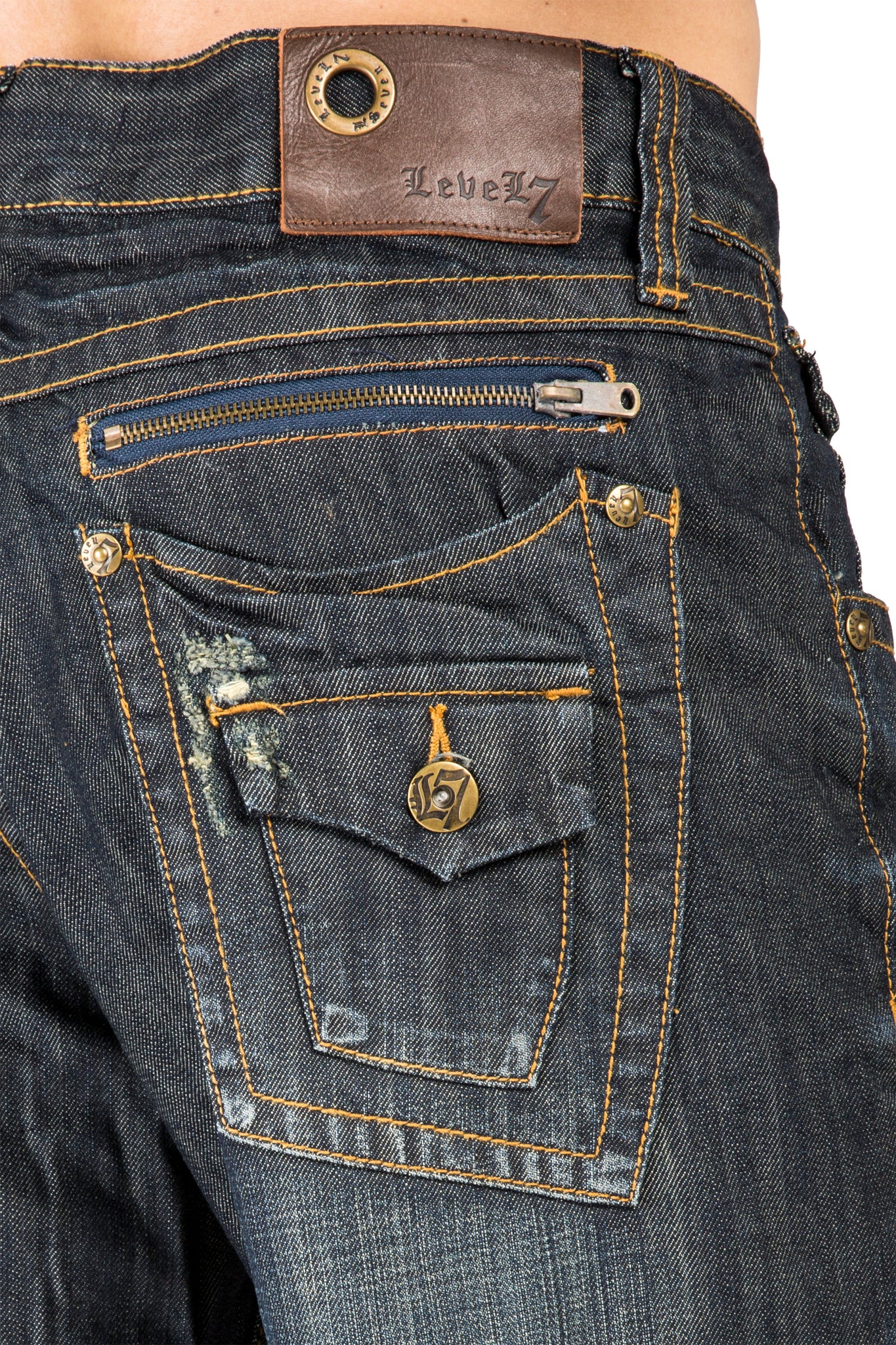 Men's Relaxed Bootcut Dark Vintage Premium Denim Jean Zipper Trim Back Pocket