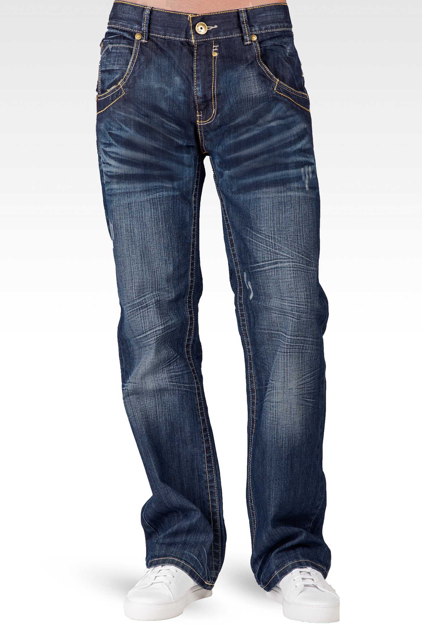 Men's Relaxed Bootcut Premium Denim Medium Blue Distressed Jean Zipper Utility Pocket - Blue Man
