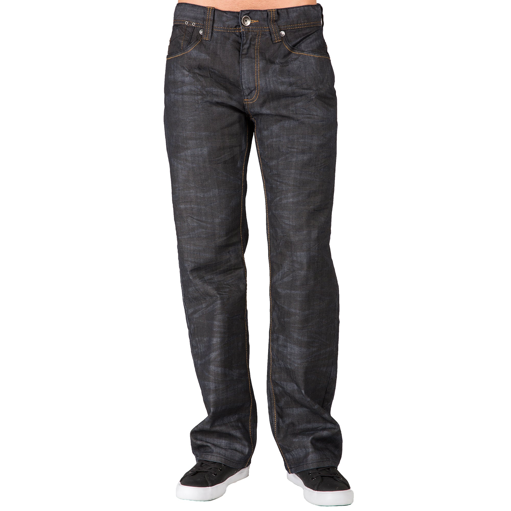 Black Coated Midrise Relaxed Bootcut Premium Denim 5 Pocket Jeans Overspray Wash