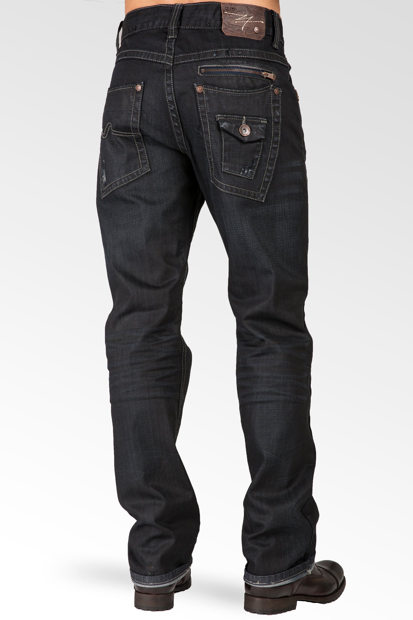 Relaxed Straight Dark Indigo Premium Denim Zip Pocket Jean With Overspray Coating