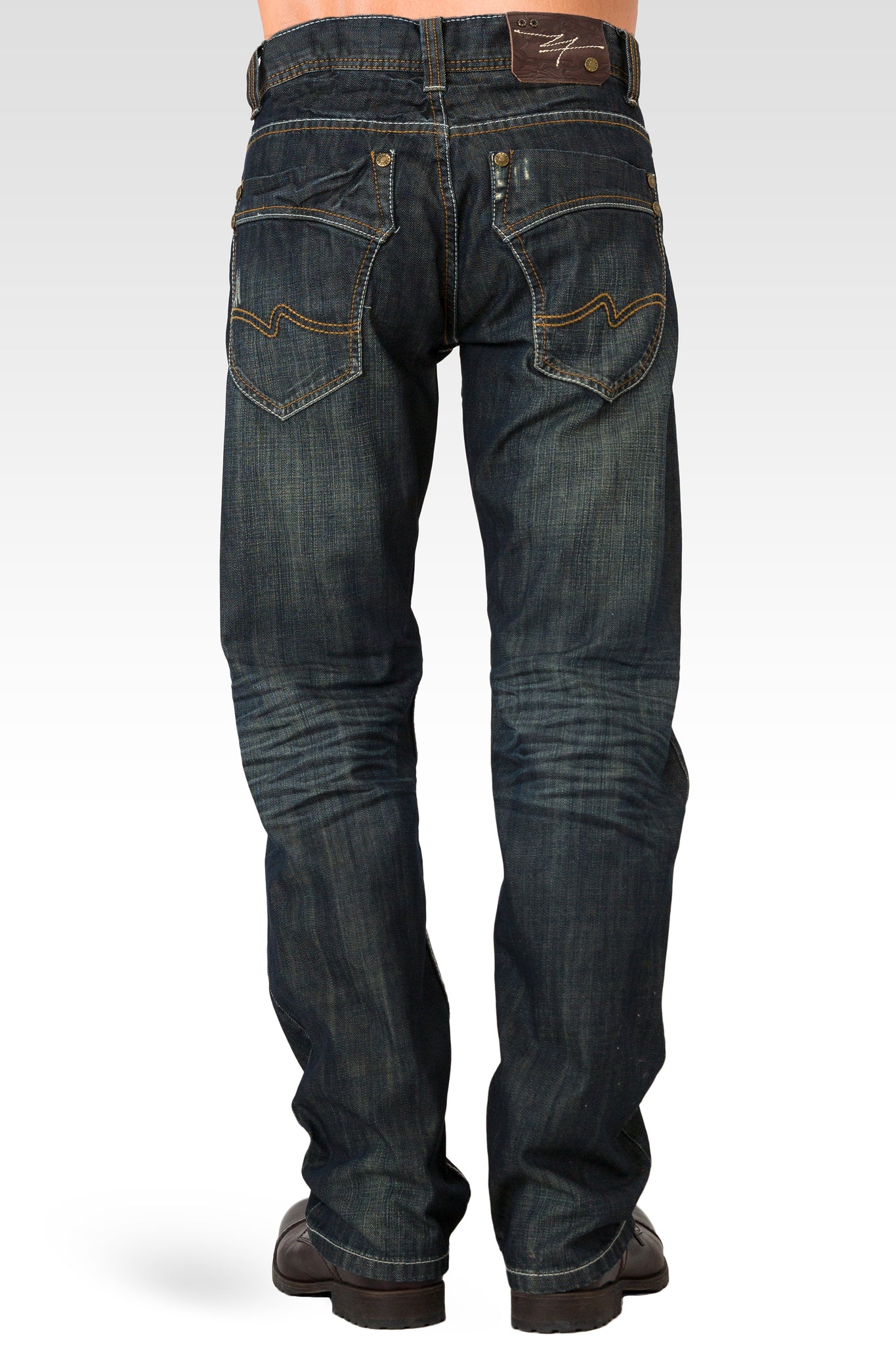 Men's Relaxed Straight Signature Stone Wash Dark Blue Distressed Premium Denim Jeans