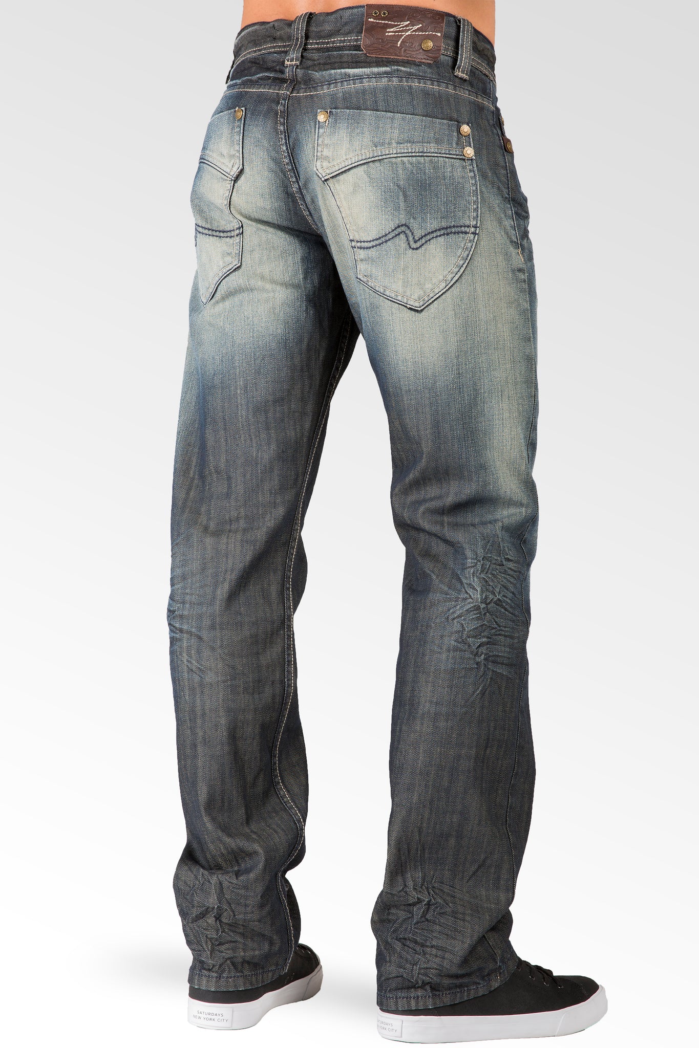 Dark Tint Relaxed Straight Leg Premium Denim signature 5 pocket Jeans Wrinkle Whiskering