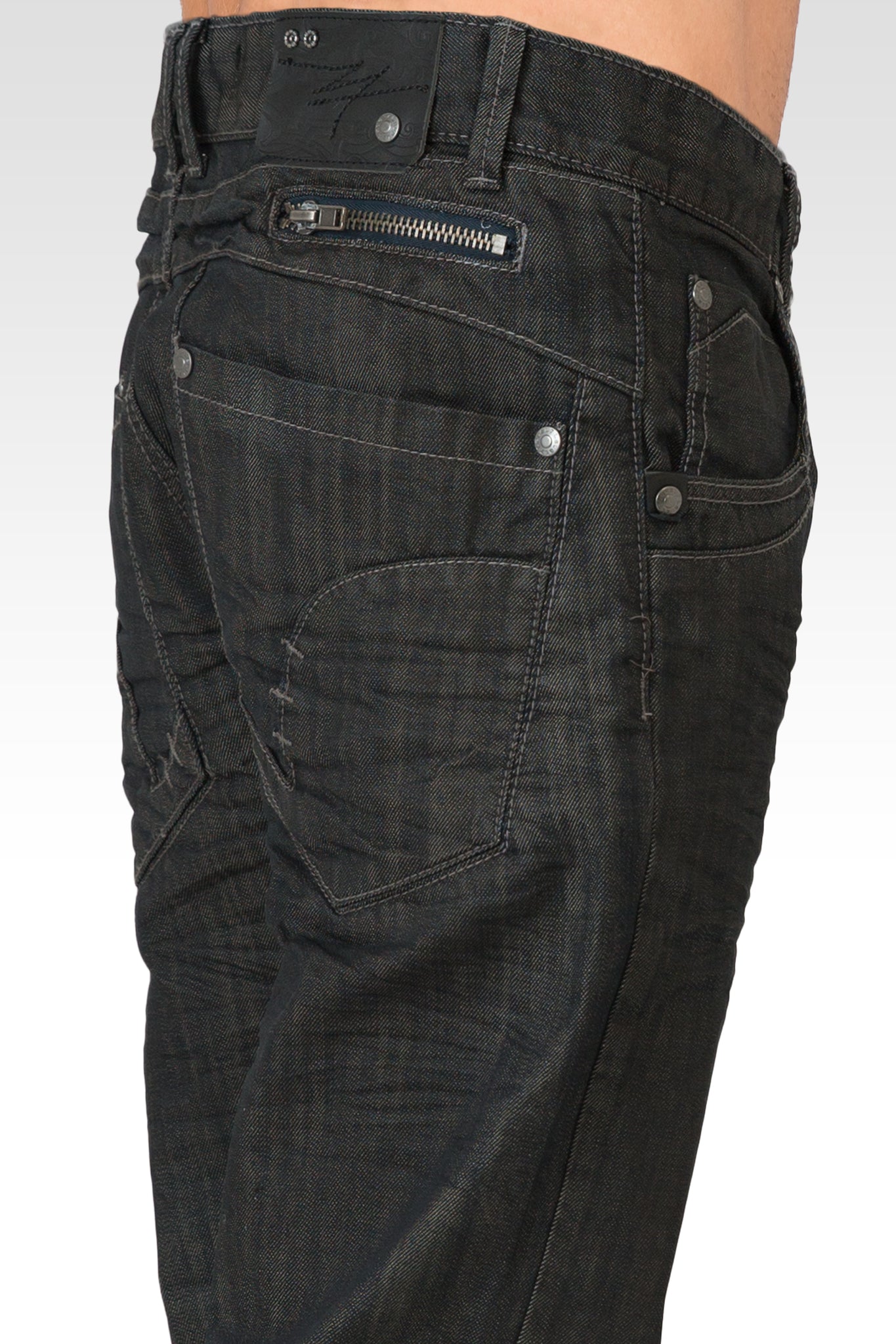 Men's Relaxed Straight Dark Blue Oil Stain Zipper Pocket Denim Jeans