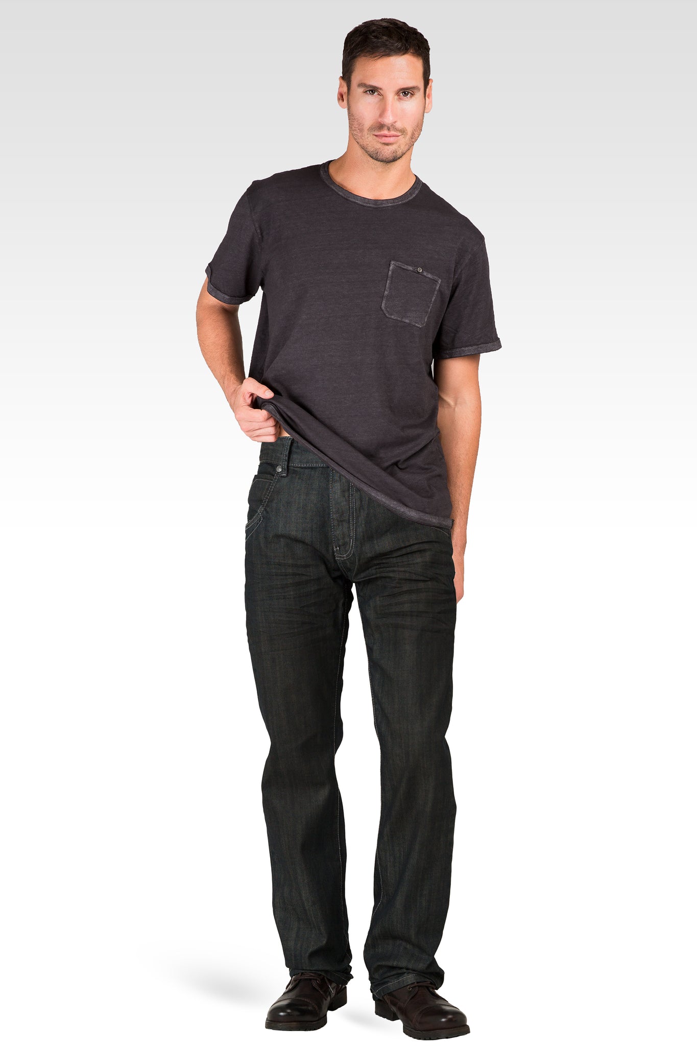 Men's Relaxed Straight Dark Blue Oil Stain Zipper Pocket Denim Jeans