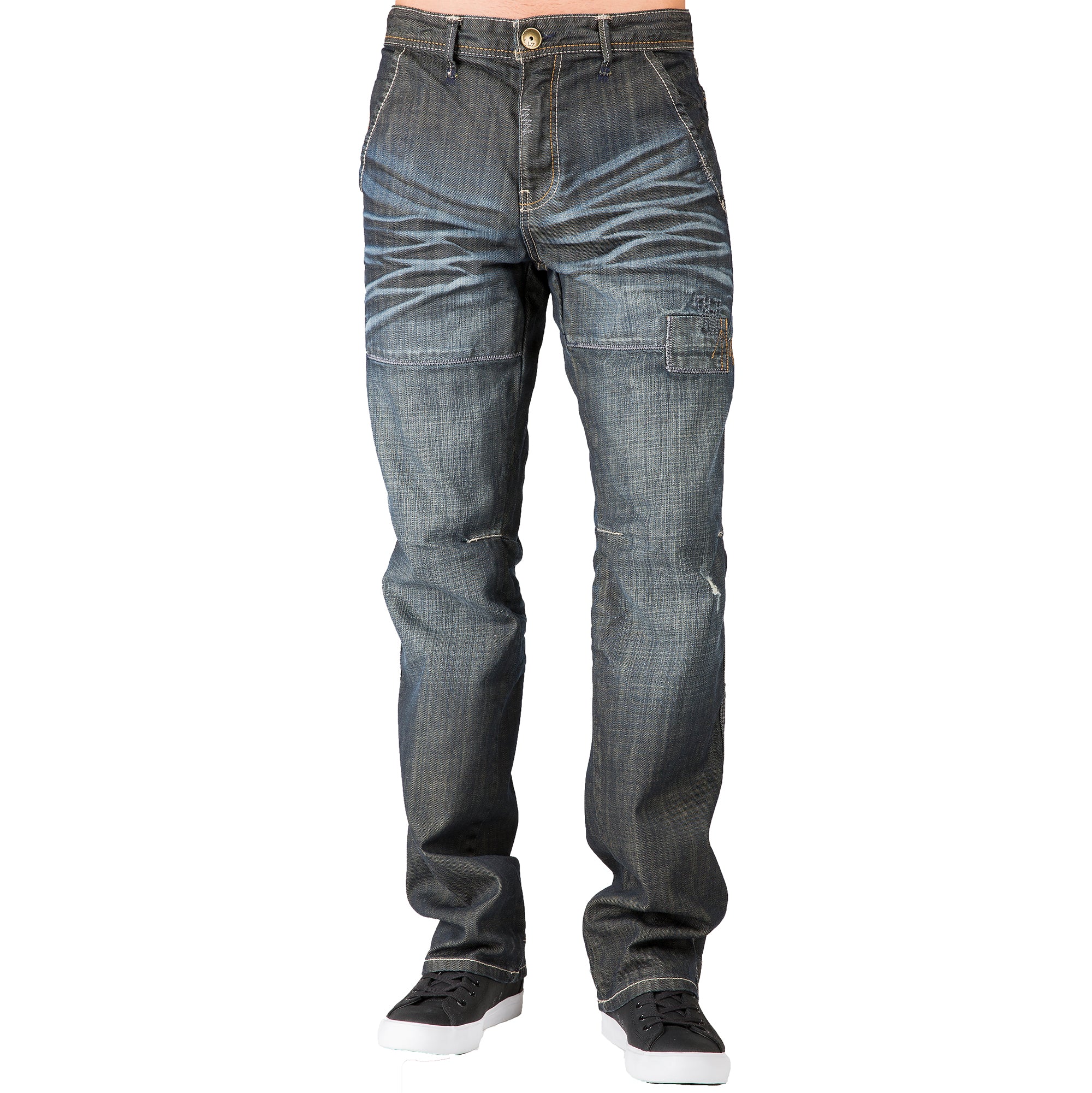 Relaxed Straight Dark Wrinkle Wash Ripped & Repaired Premium Denim Jeans