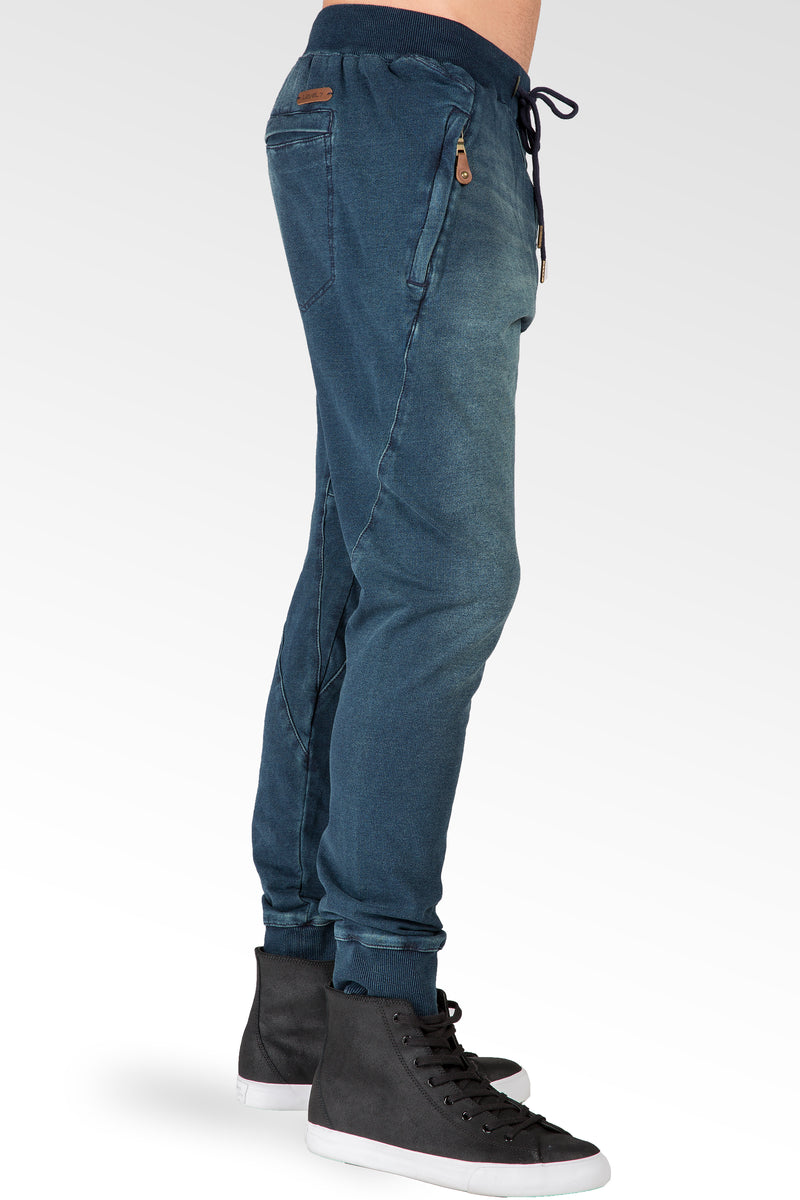 Men's Drop Crotch Knit Jogger Jeans Whisker Zipper Pockets