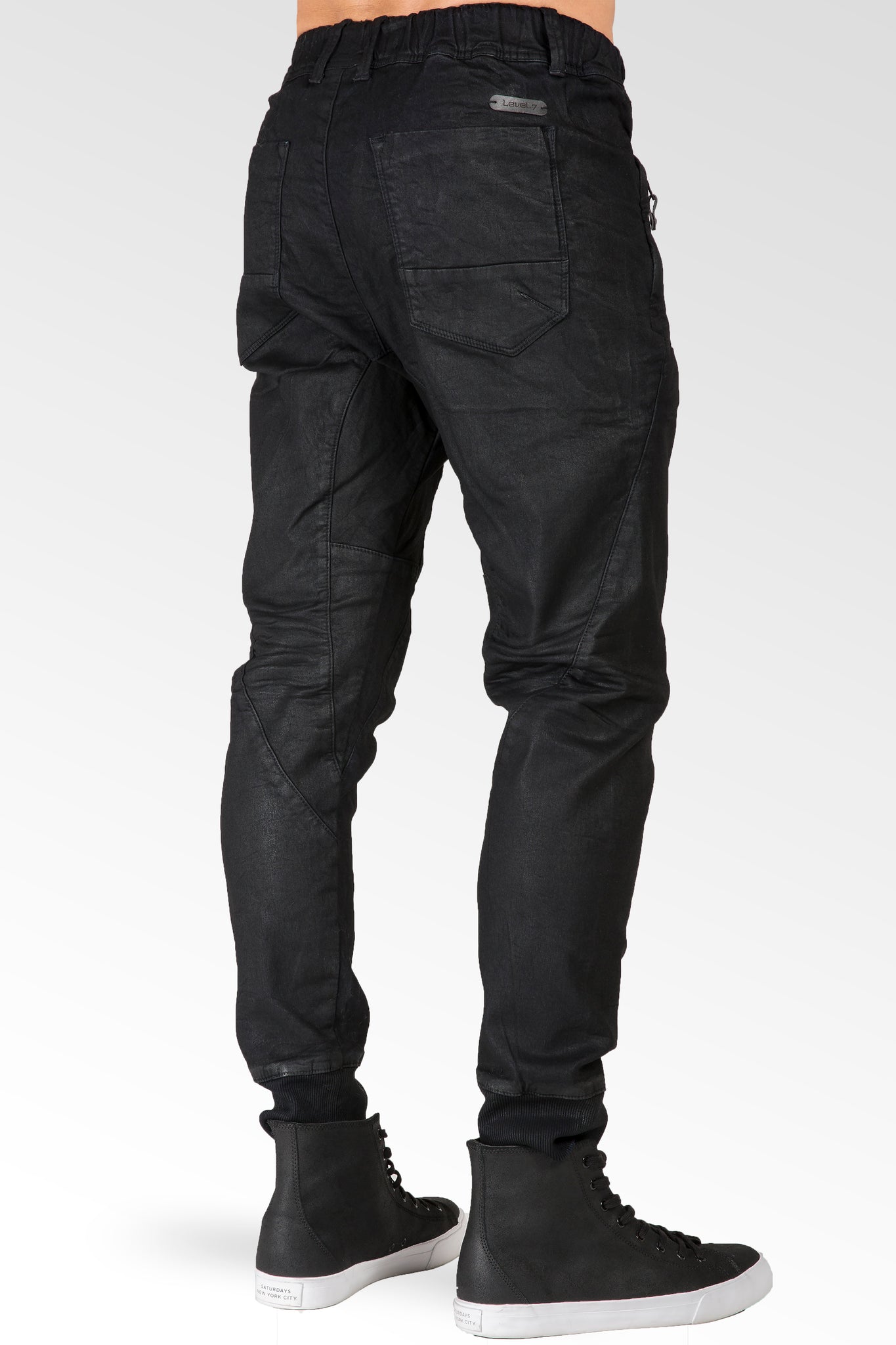 Dark Indigo Premium coated Knit Denim Jogger Jeans, Drop Crotch, Whiskering Wash