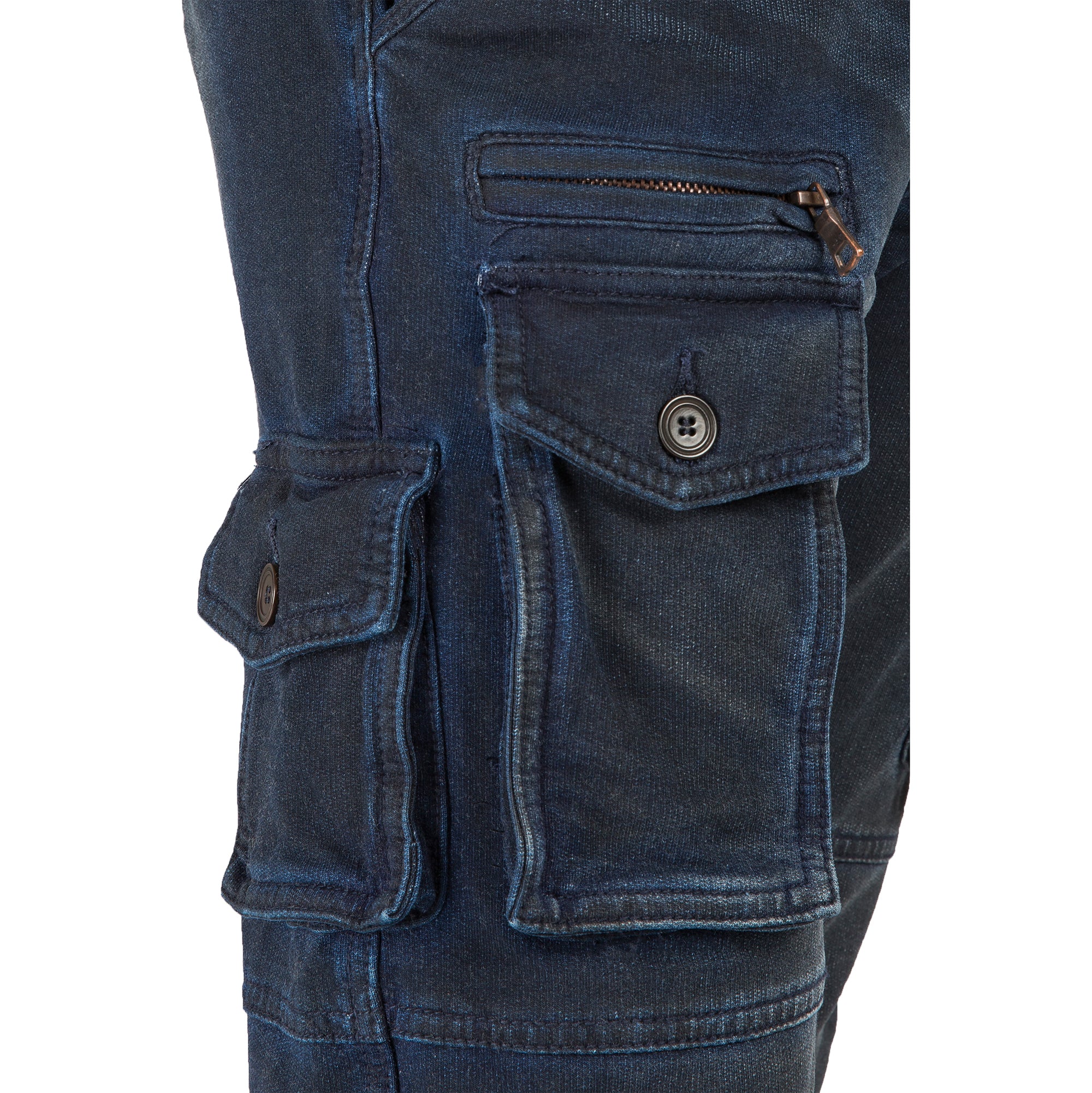 Midnight Vintage Premium Knit Denim Jogger Jeans Utility Cargo Zipper Pockets