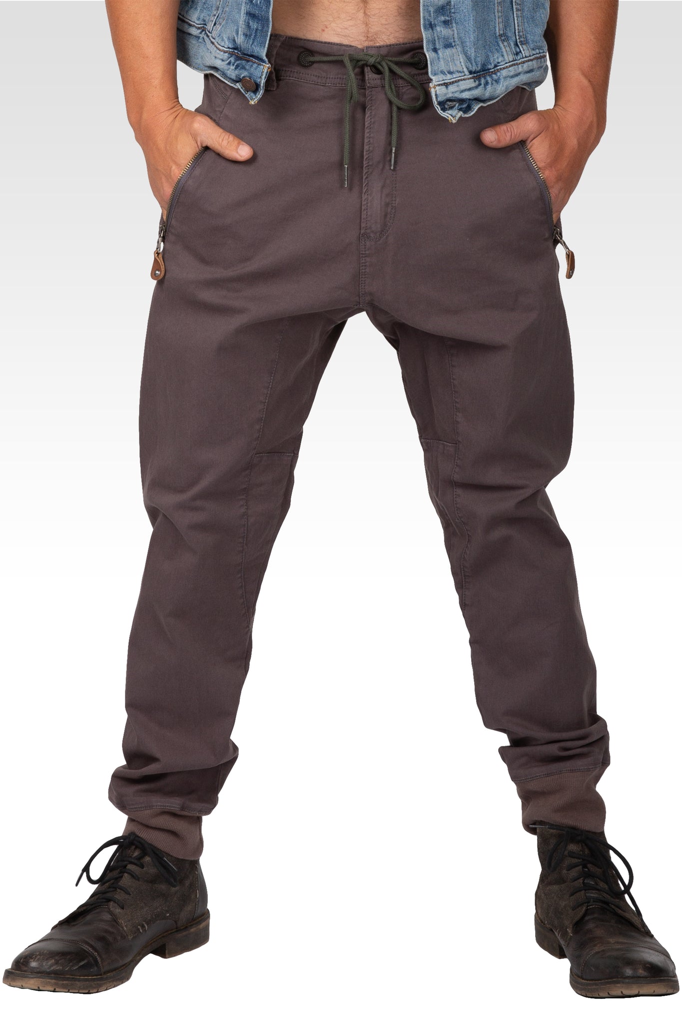 Drop Crotch Premium Washed Charcoal Stretch Twill Jogger Pants With Zipper Pockets