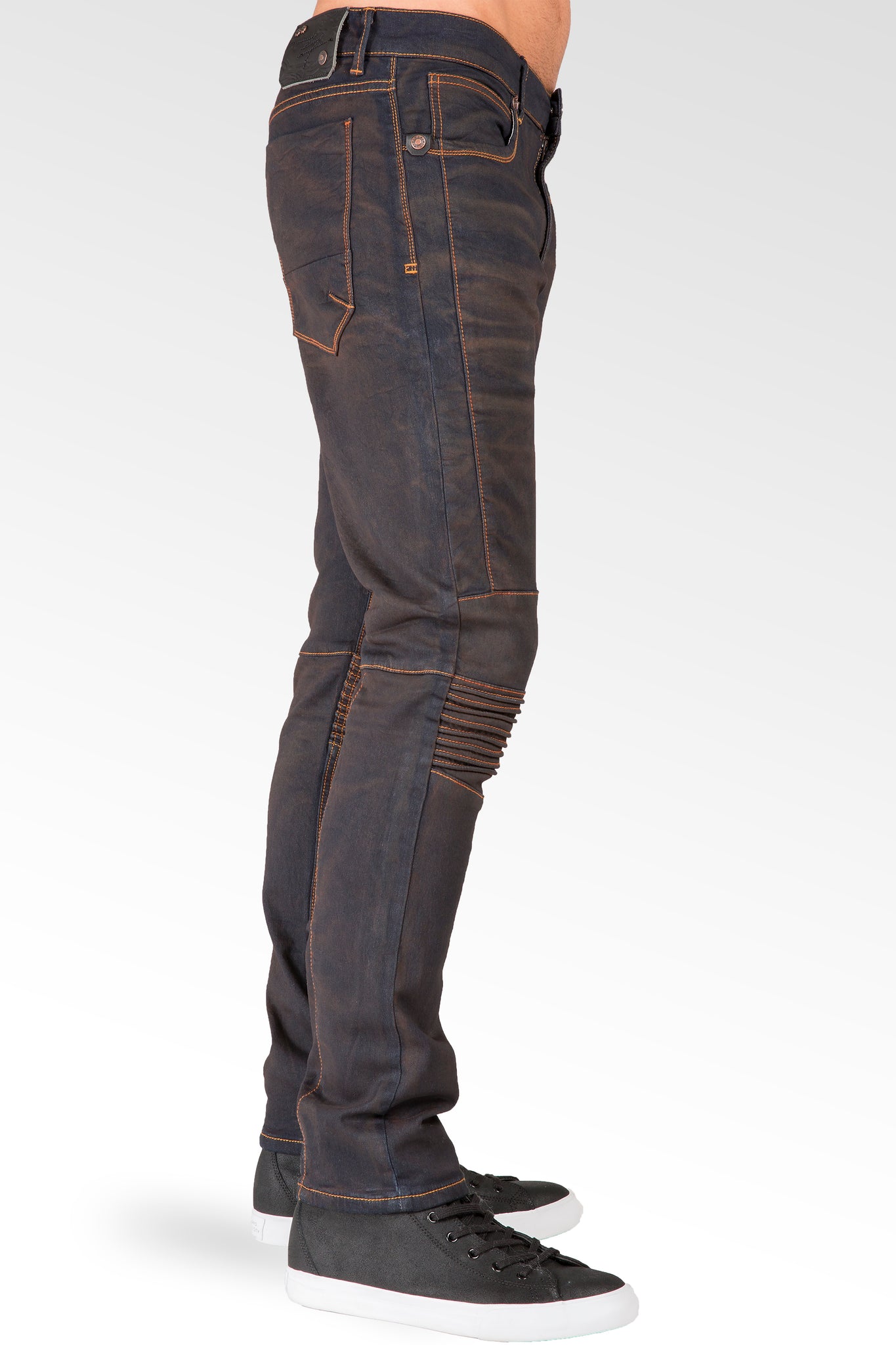 Slim Tapered Leg Premium Knit Denim Moto Jeans Copper Tainted Wash