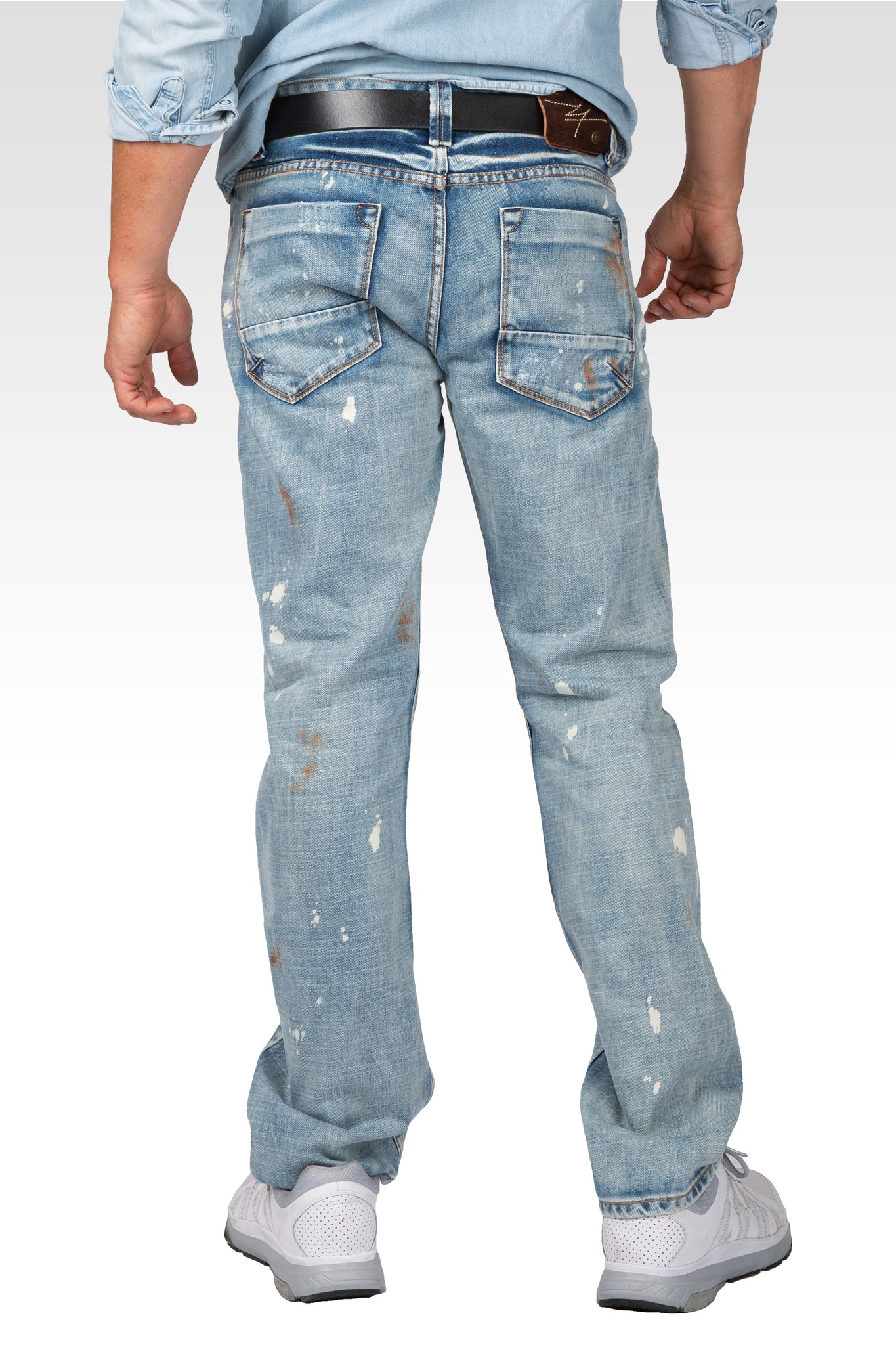 Mens Slim Straight Premium Bleach Washed Distressed Paint Splatter Jeans