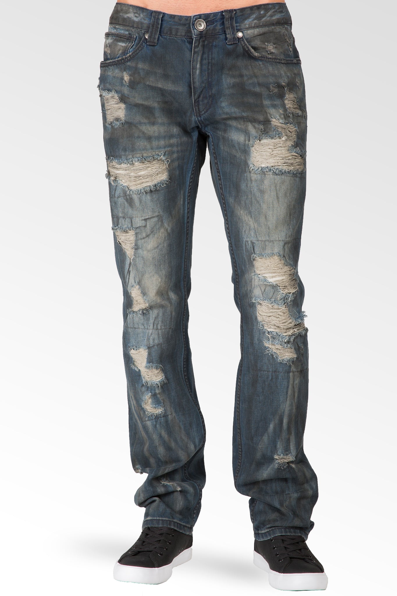 Slim Straight Premium Denim Black Paint Brushed Dark Blue Jeans Destroyed & Mended