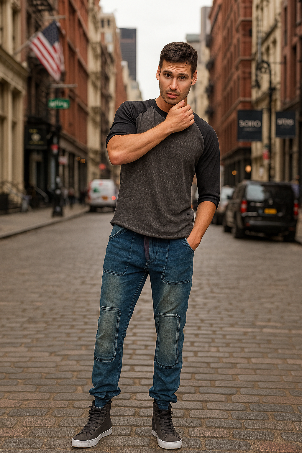 Indigo Premium Knit Denim Jogger Jeans Hand Sanded Knee Patches