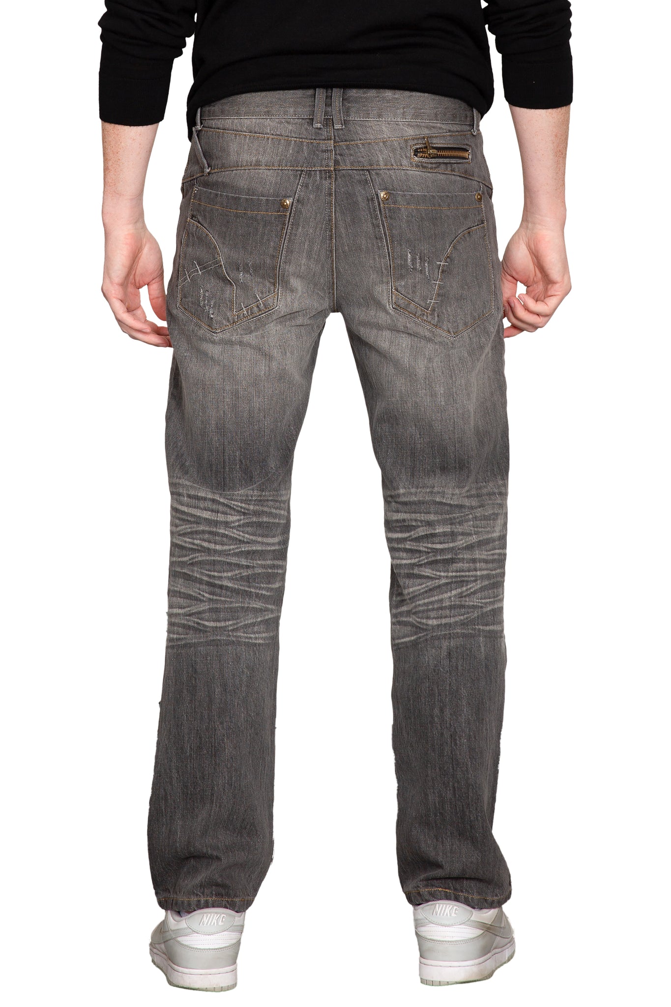 Men's Relaxed Bootcut Denim Distressed Jeans with Zipper Pocket