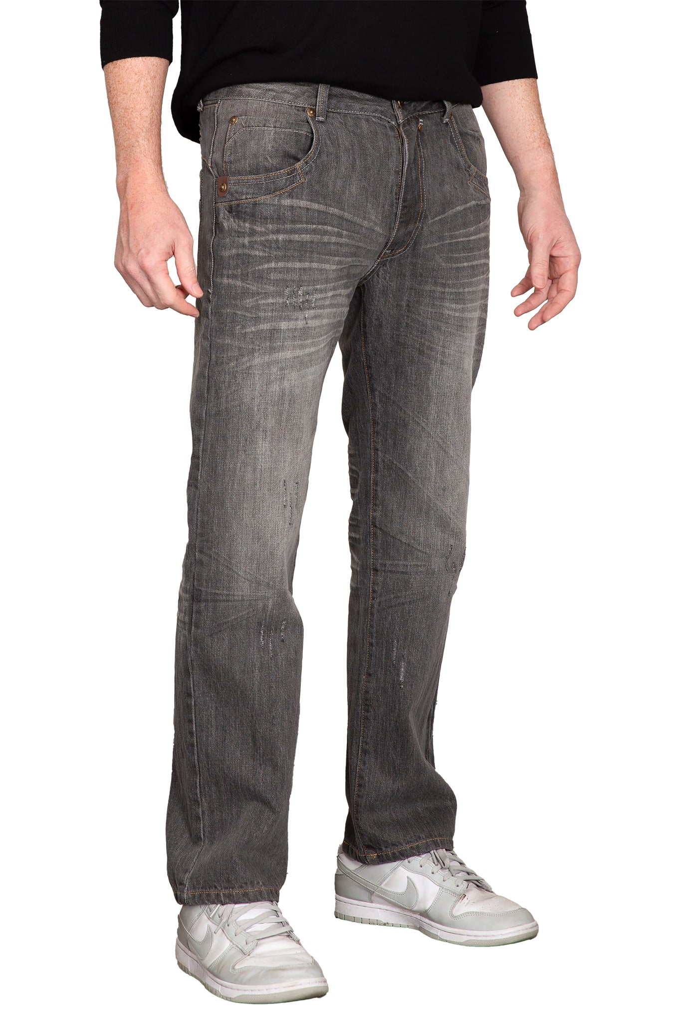 Men's Relaxed Bootcut Denim Distressed Jeans with Zipper Pocket