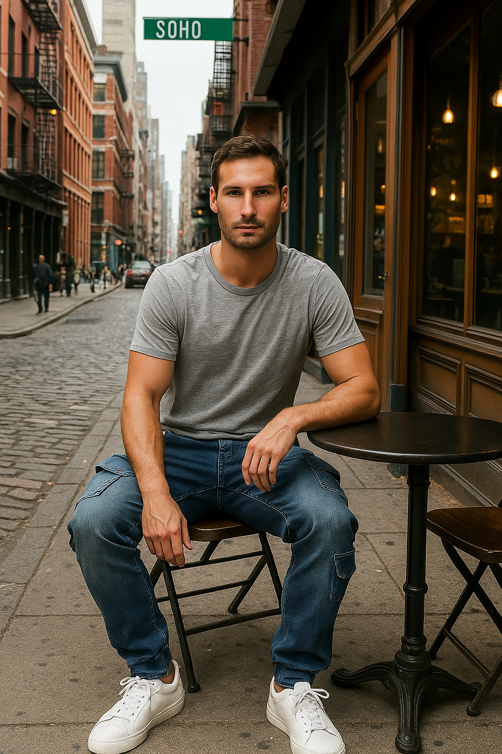 Ocean Blue Washed Premium Knit Denim Cargo Jogger Jeans Angled Side Cargo Pockets