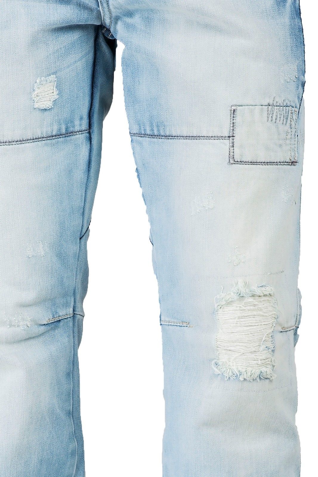 Slim Straight Blue Bleached Premium Denim 5 Pocket Jeans Destroyed & Repaired