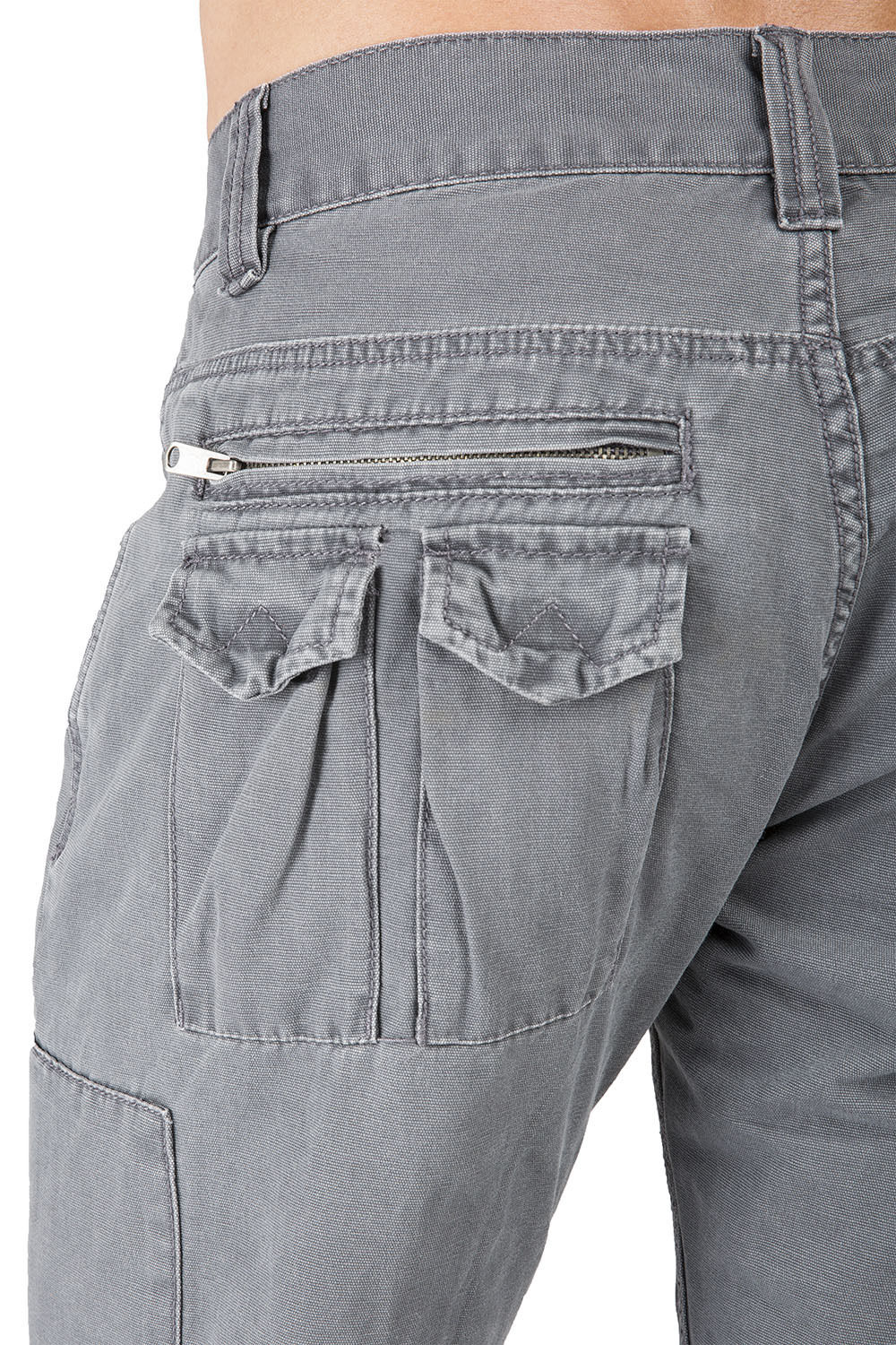 Charcoal Gray Relaxed Straight Premium Canvas Utility Jeans, Cargo Zipper Pockets & Stone Wash