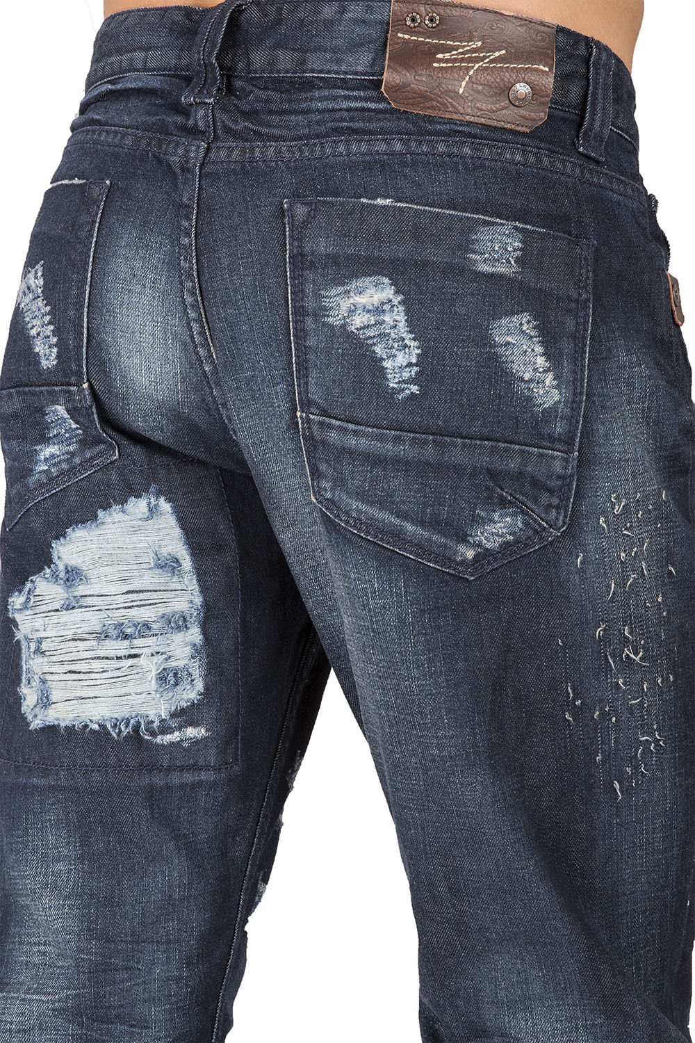 Slim Straight Dark Blue Indigo Premium Denim Signature 5 Pocket Jeans Destroyed & Repaired