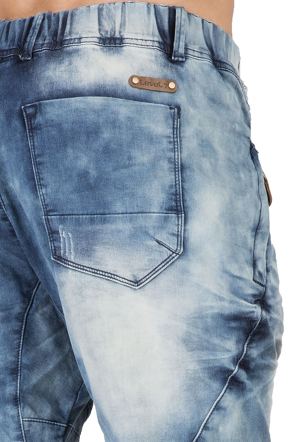 Bleached Cloud Blue Premium Knit Denim Zip Pocket 18" Jogger Capri Rib Bottom