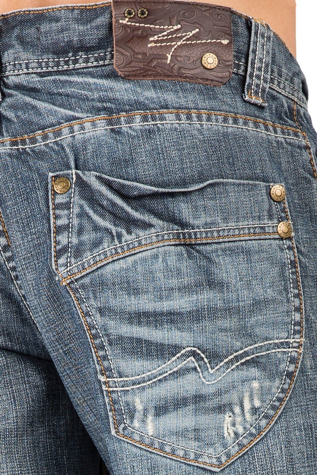 Relaxed Straight Medium Blue Distressed Premium Denim Signature 5 Pocket Jeans Whiskering