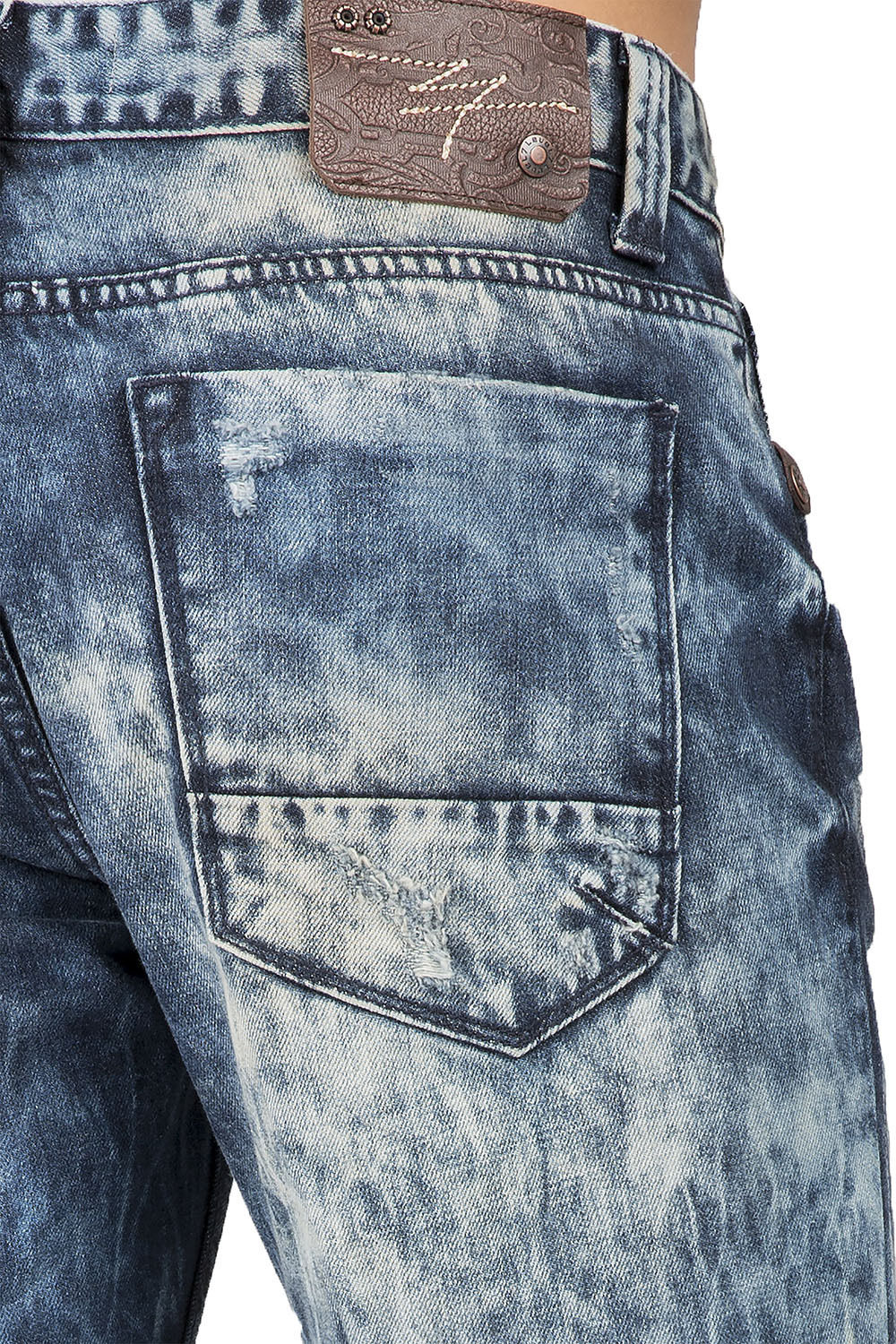 Slim Straight Destroyed & Mended Premium Denim 5 Pocket Jeans Bleach Tinted Wash
