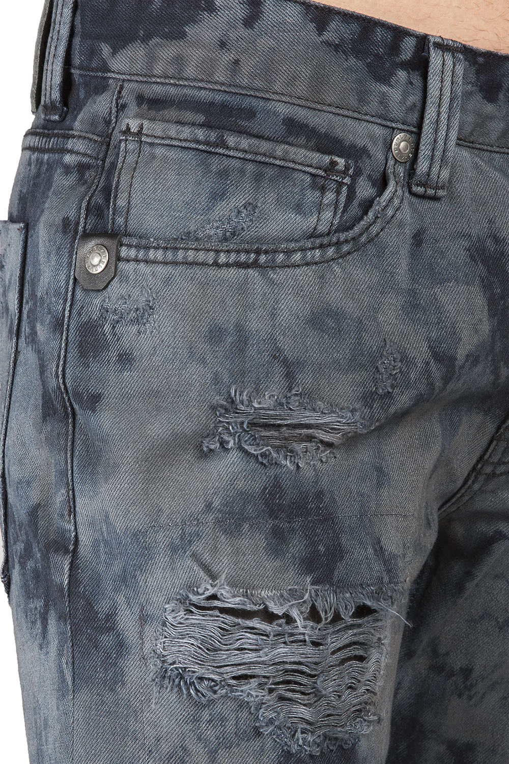 Slim Straight Midnight Blue Premium Denim Signature 5 Pocket Jeans Distressed Bleach Spotting
