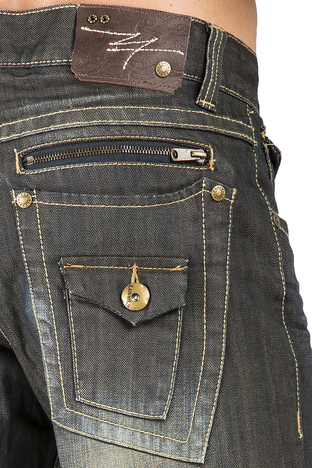 Relaxed Bootcut Dark Tinted Premium Denim Jeans Zipper Trim & Utility Back Pocket