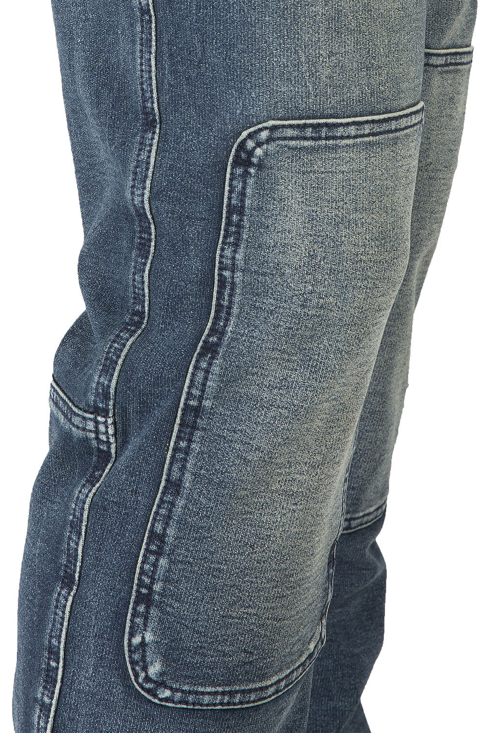 Indigo Premium Knit Denim Jogger Jeans Hand Sanded Knee Patches