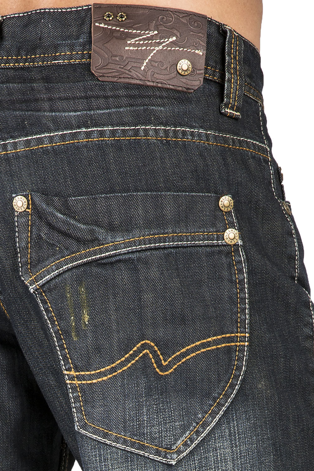 Midrise Relaxed Bootcut Vintage Dark Hand Rub Premium Denim 5 Pocket Jeans Whiskering