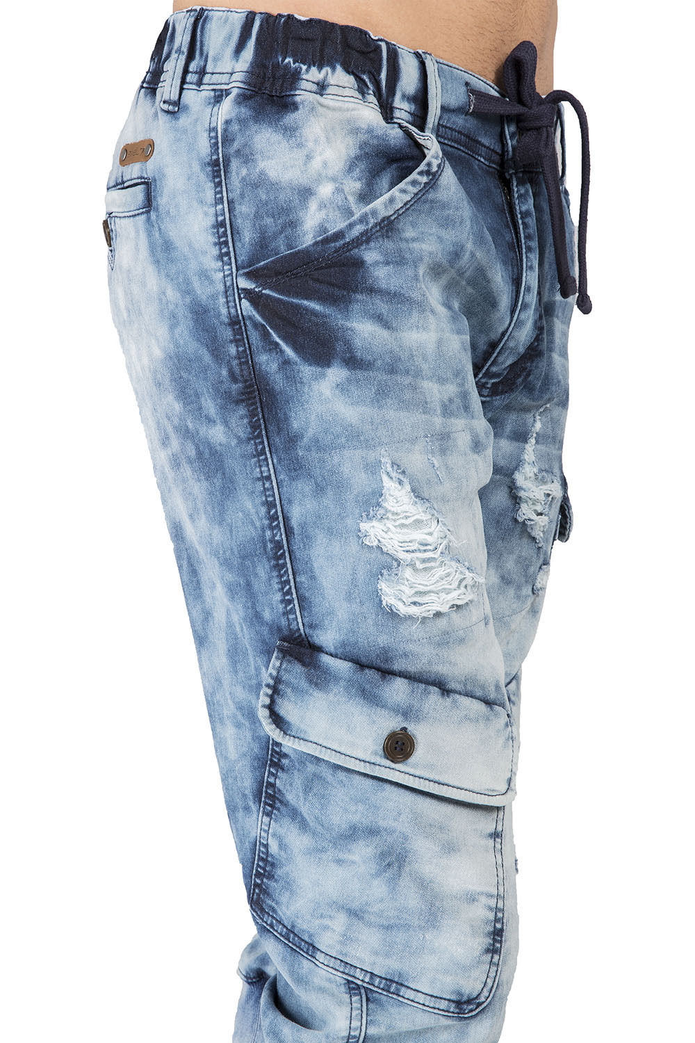 Cargo Pocket Premium Knit Denim Jogger Capri Shorts Distressed Cloud Bleach 18" Inseam
