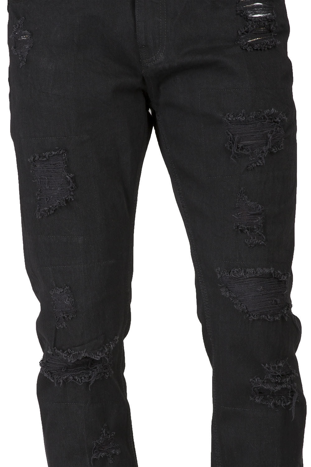 Slim Tapered Leg Overdyed Black Premium Denim Signature 5 Pocket Jean Mended Broken Holes