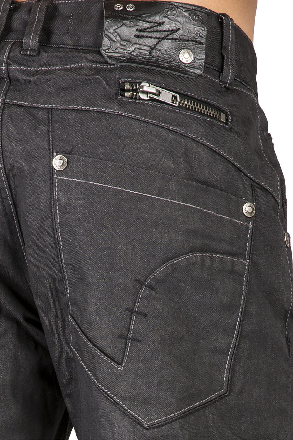 Men's Relaxed Bootcut Premium Coating Black Denim Jeans Zipper Trim Pocket Wrinkle Whisker