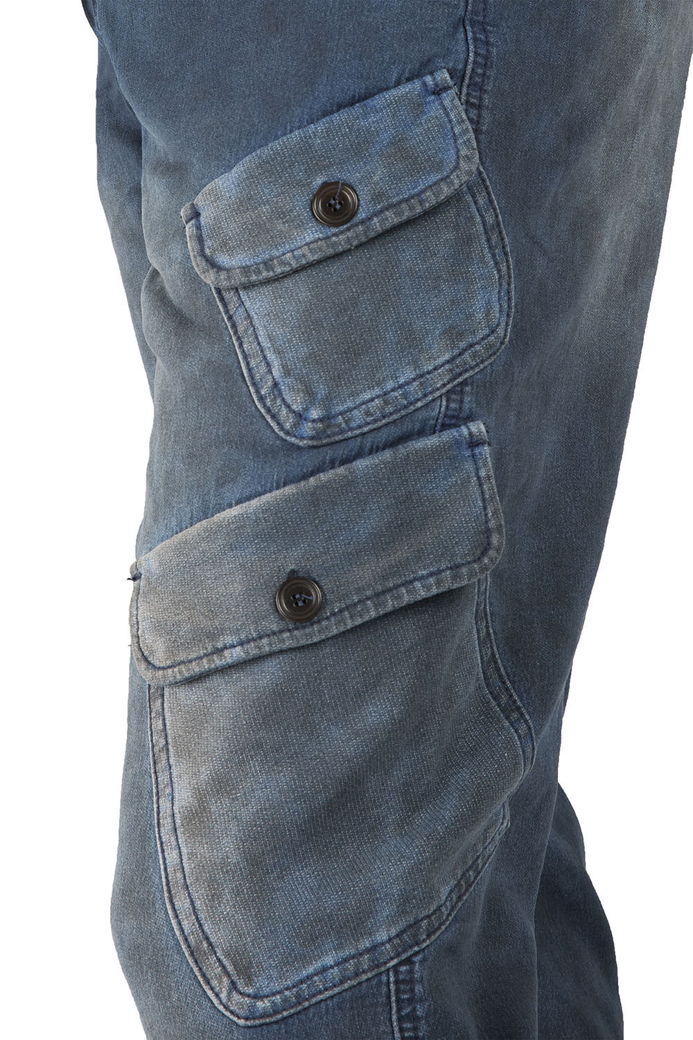 Premium Indigo Knit Denim Jogger Jeans Angled Side Pockets Oil Stain Tinted Wash