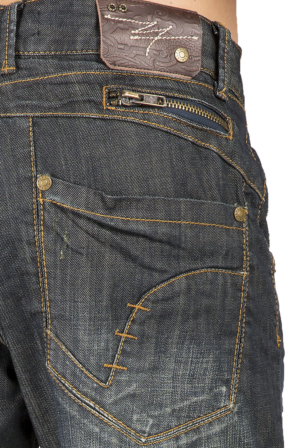 Relaxed Straight Dark Vintage Hand Rub Premium Denim Jeans Zipper Trim Pocket