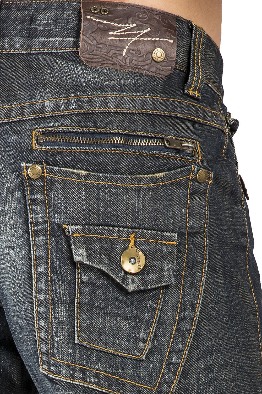 Relaxed Straight Dark Vintage Zip Premium Denim Zip utility Pocket Jeans Hand Sanding