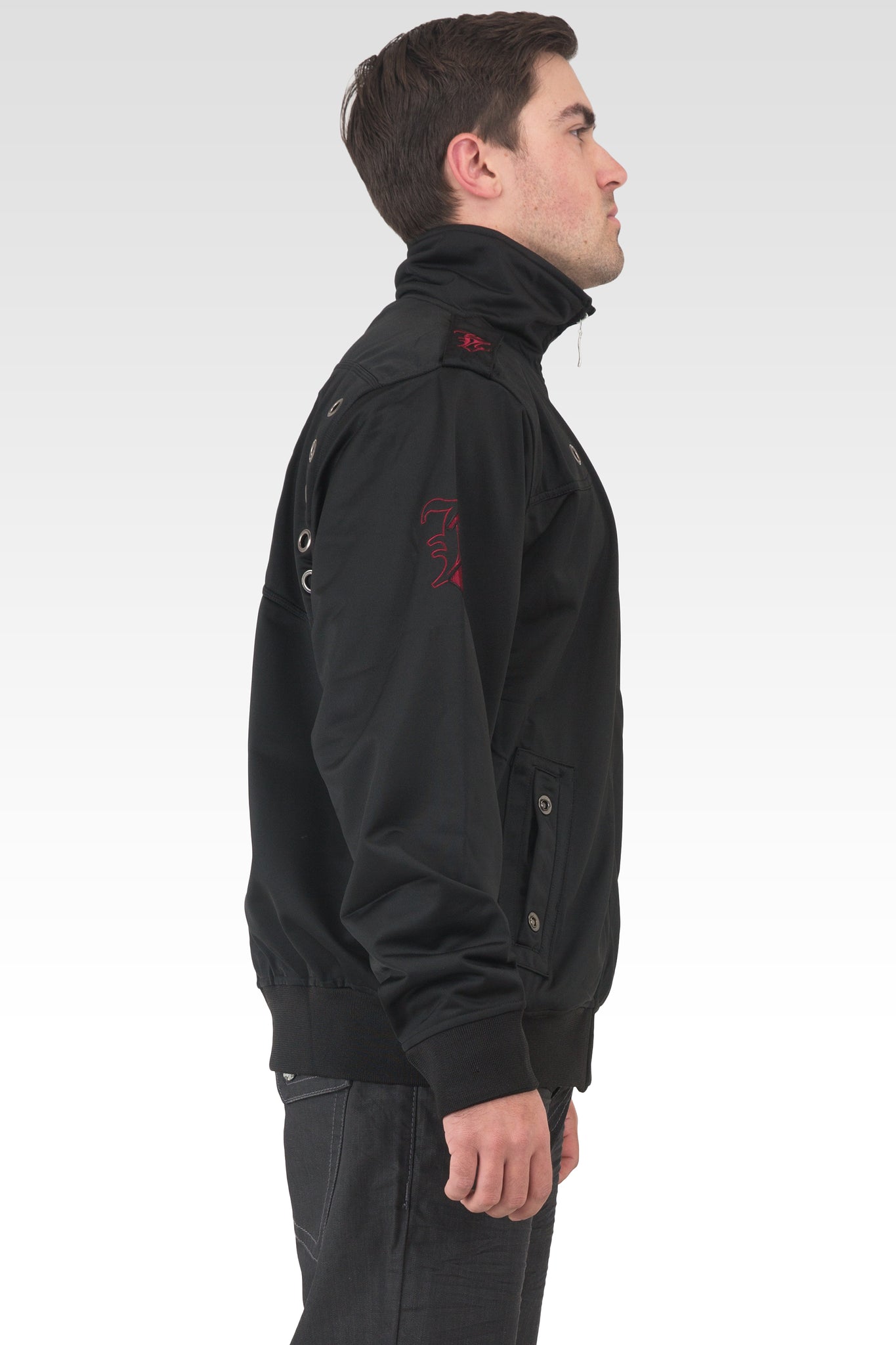 Men's Black Poly Performance Full Zip Track Jacket With Burgundy Embroidery Patches & Epaulets