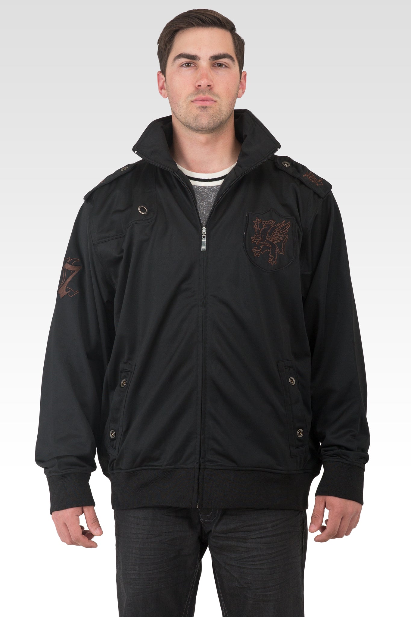 Men's Black Poly Performance Full Zip Track Jacket With Brown Embroidery Patches