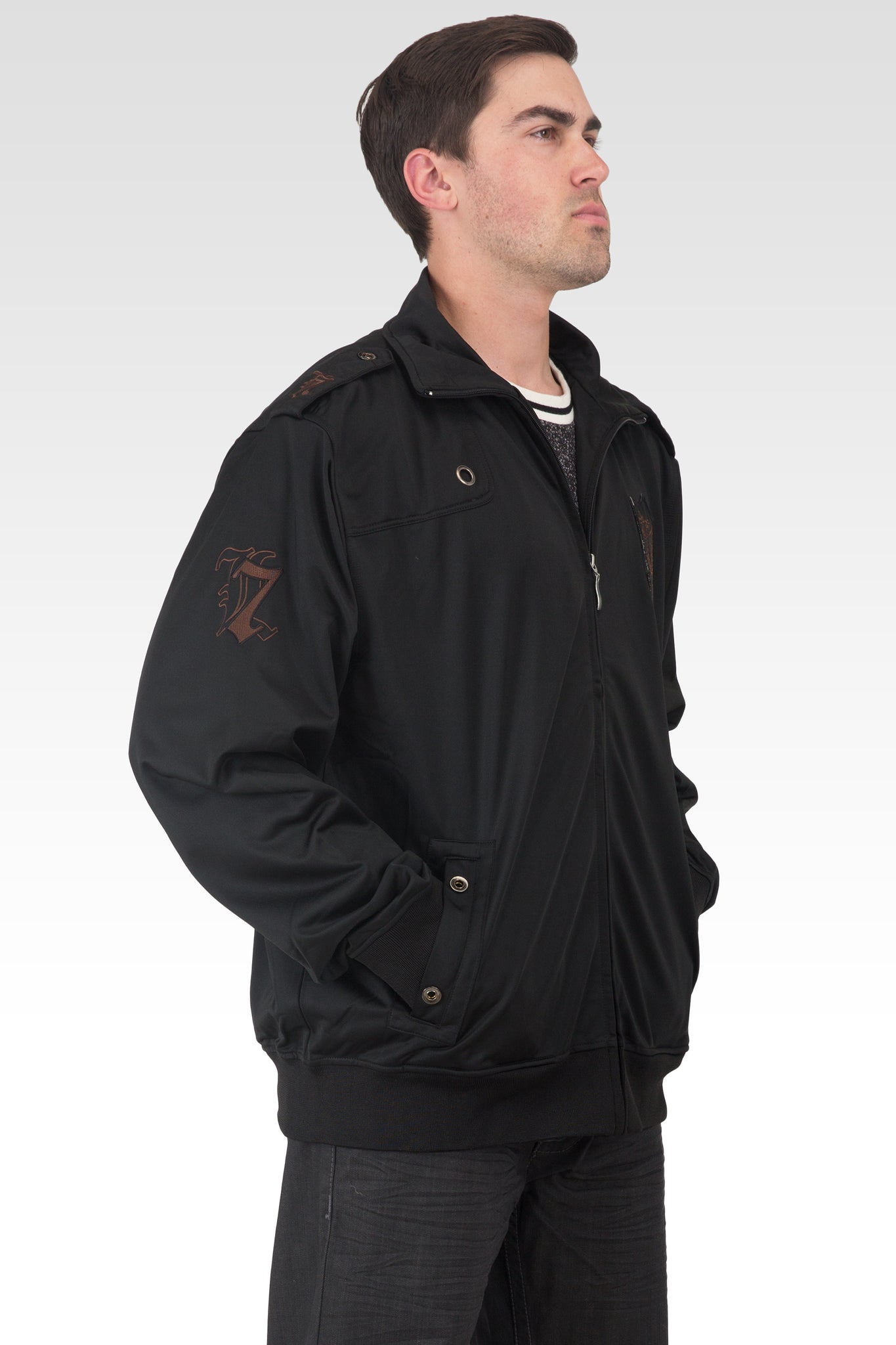 Men's Black Poly Performance Full Zip Track Jacket With Brown Embroidery Patches