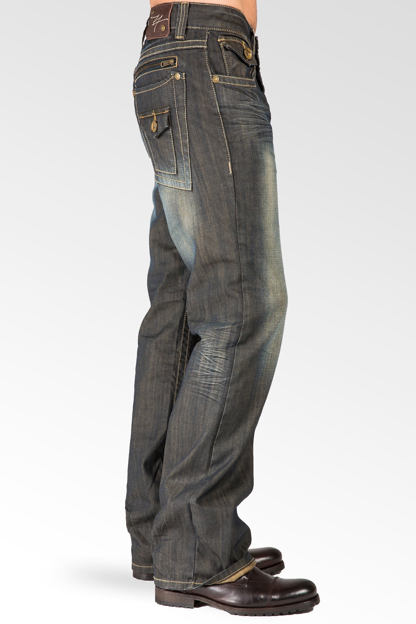 Relaxed Bootcut Dark Tinted Premium Denim Jeans Zipper Trim & Utility Back Pocket