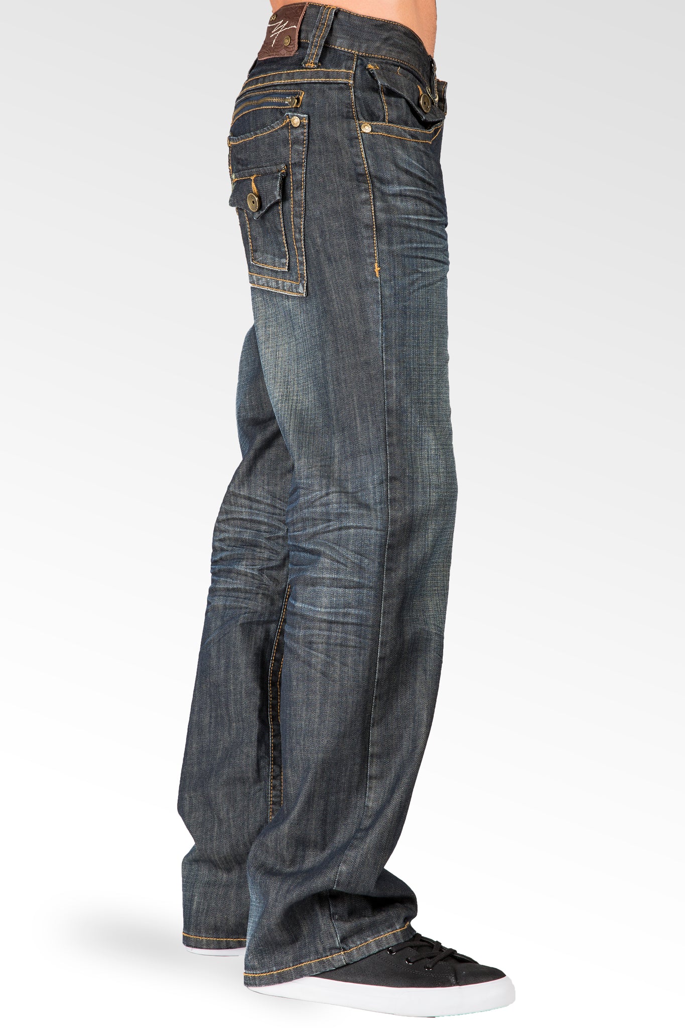 Men's Relaxed Bootcut Dark Vintage Premium Denim Jean Zipper Back Pockets