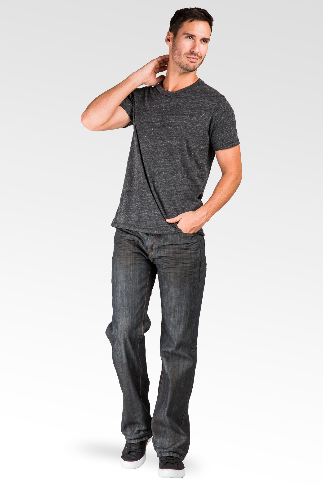 Midrise Relaxed Bootcut Dark Premium Denim 5 pocket Jeans Oil Stain Coating & Whiskering