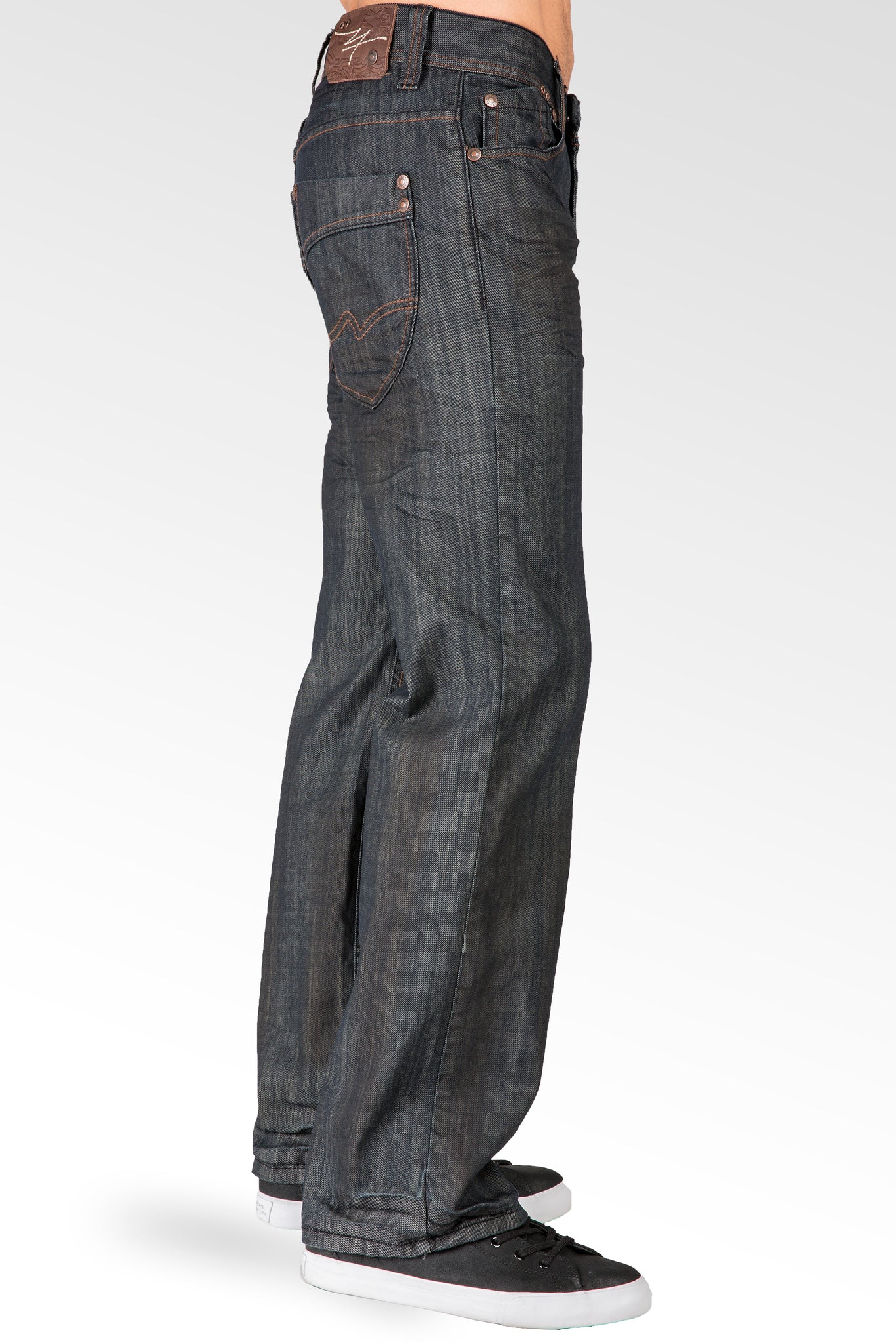 Midrise Relaxed Bootcut Dark Premium Denim 5 pocket Jeans Oil Stain Coating & Whiskering