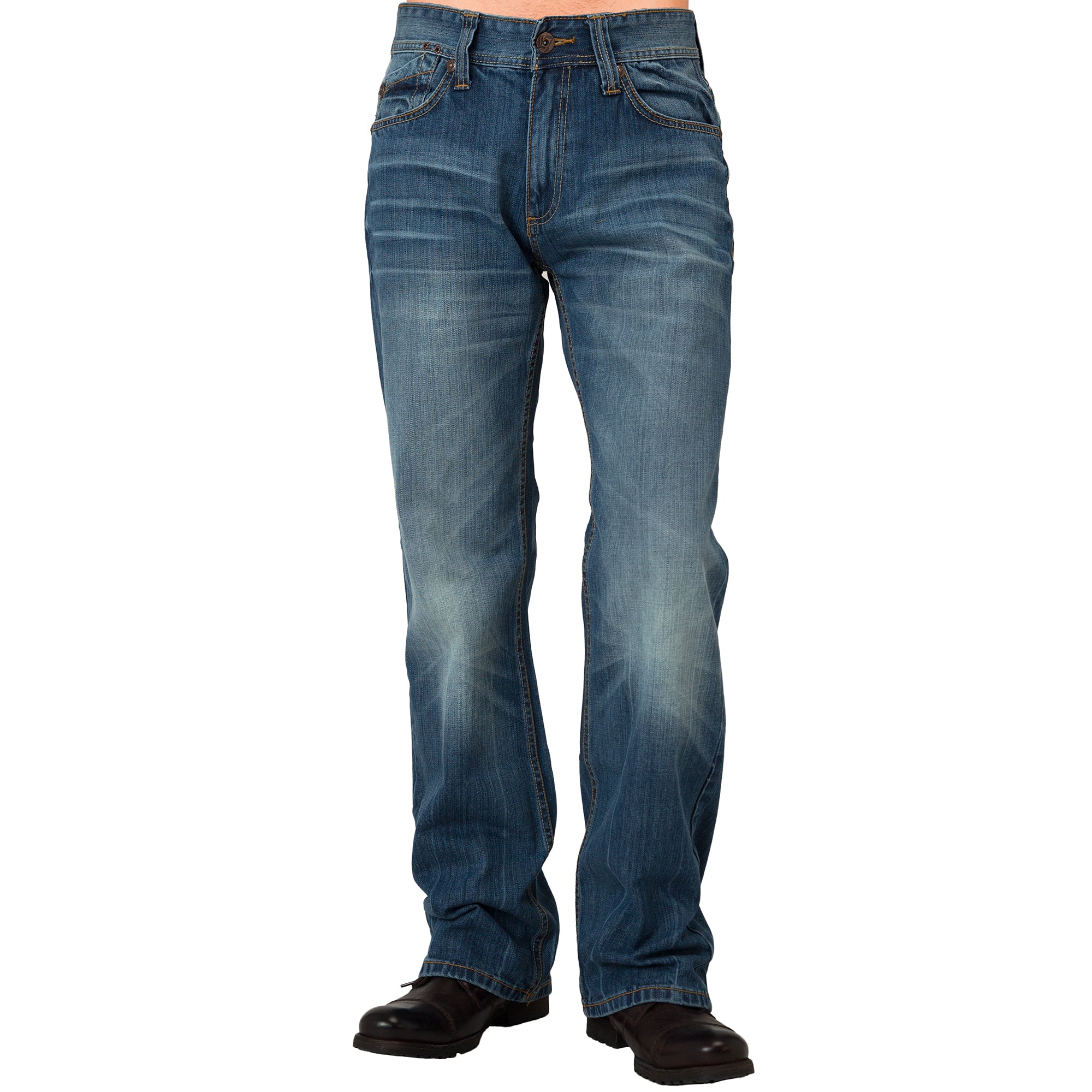 Midrise Relaxed Bootcut Medium Blue Premium Denim 5 pocket Jeans with Vintage Wash Whiskering
