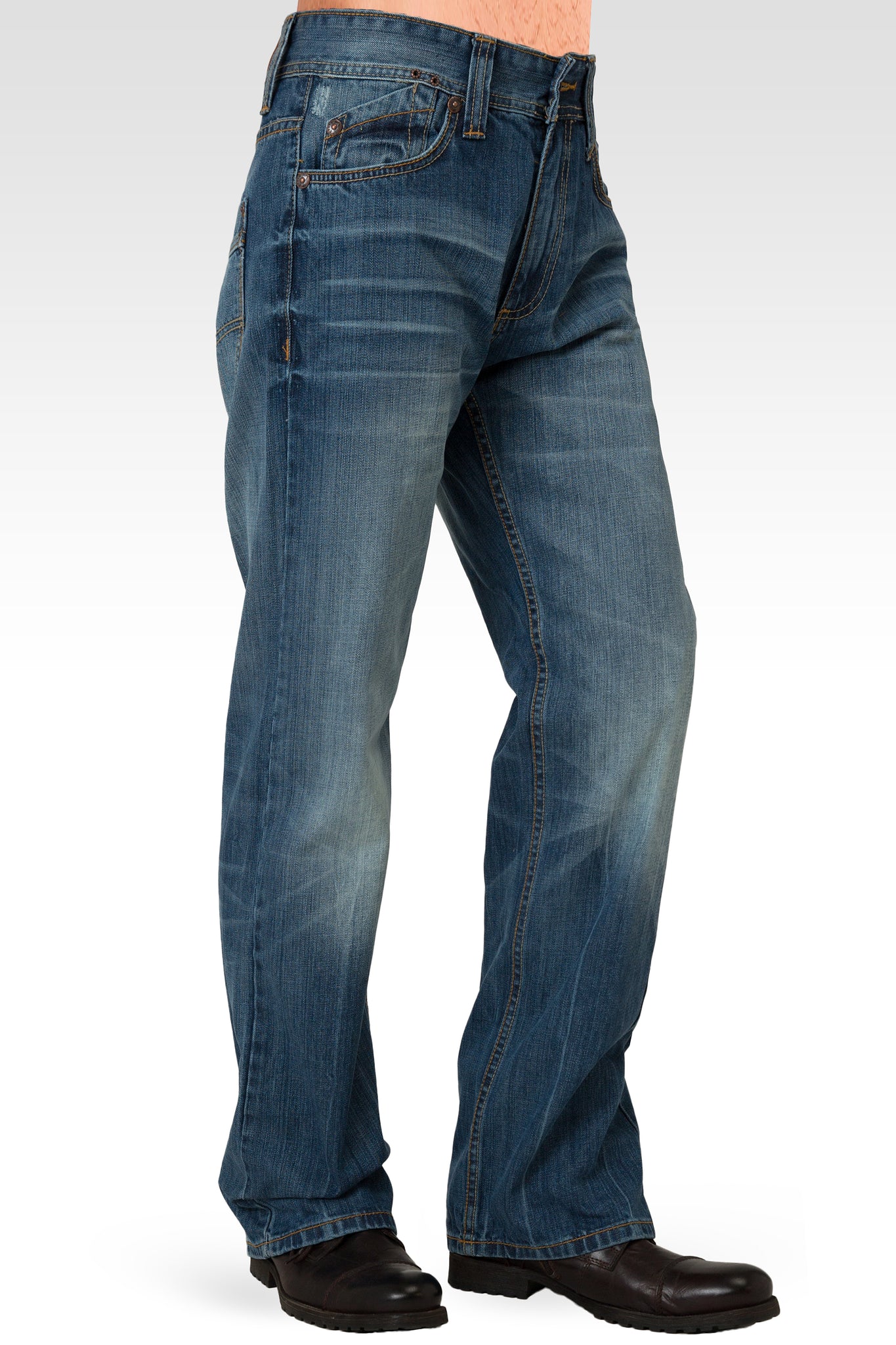 Midrise Relaxed Bootcut Medium Blue Premium Denim 5 pocket Jeans with Vintage Wash Whiskering