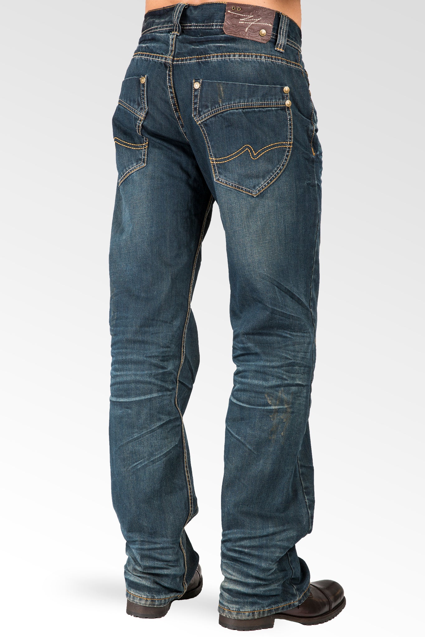 Midrise Relaxed Bootcut Blue Premium Denim 5 pocket Jeans Vintage Wash & Whiskering