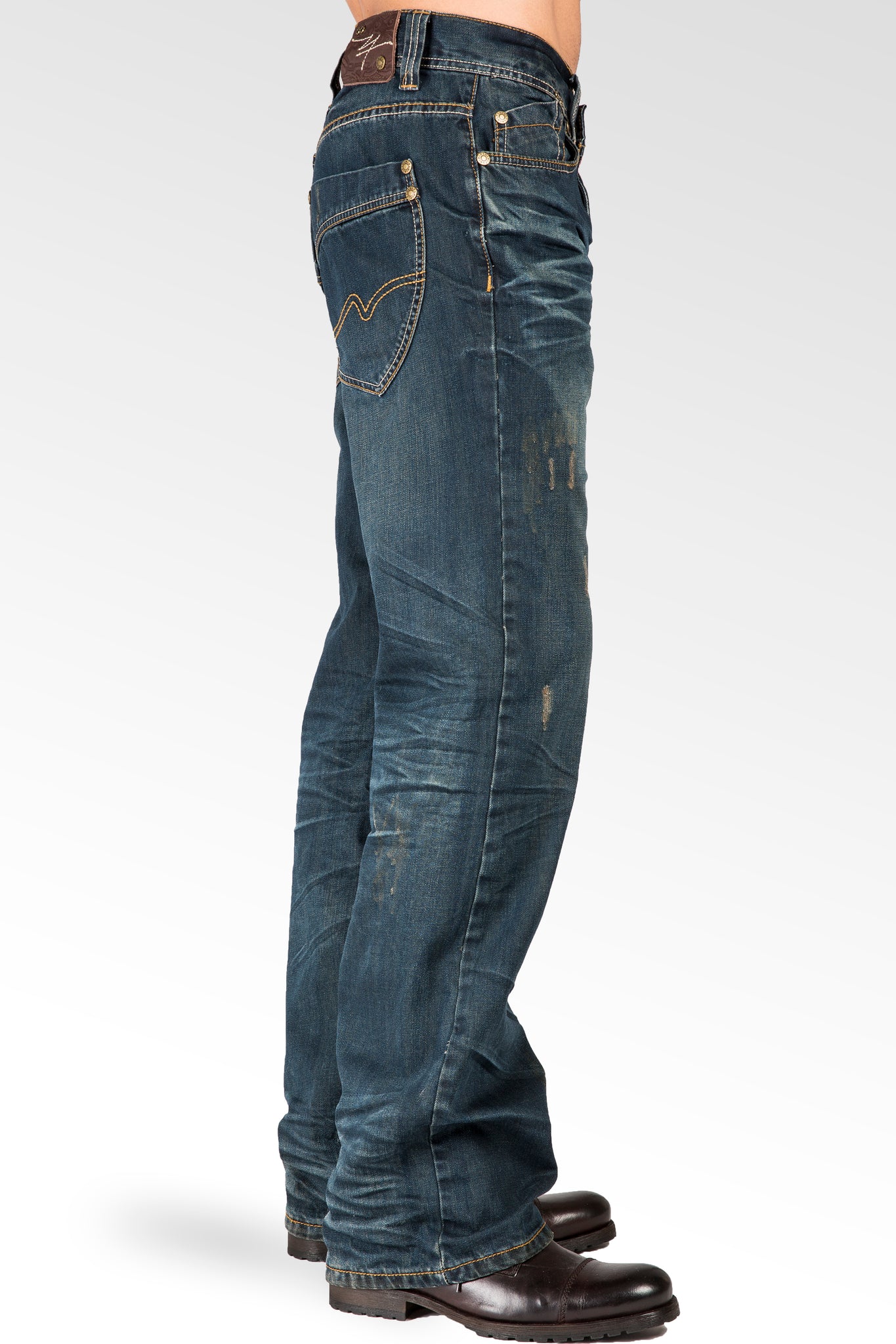 Midrise Relaxed Bootcut Blue Premium Denim 5 pocket Jeans Vintage Wash & Whiskering