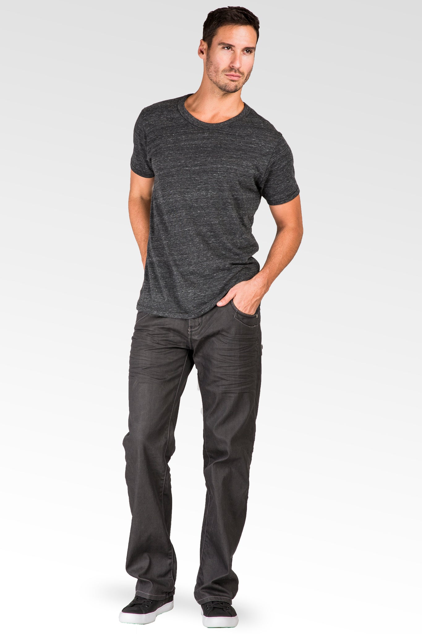 Men's Relaxed Bootcut Premium Coating Black Denim Jeans Zipper Trim Pocket Wrinkle Whisker